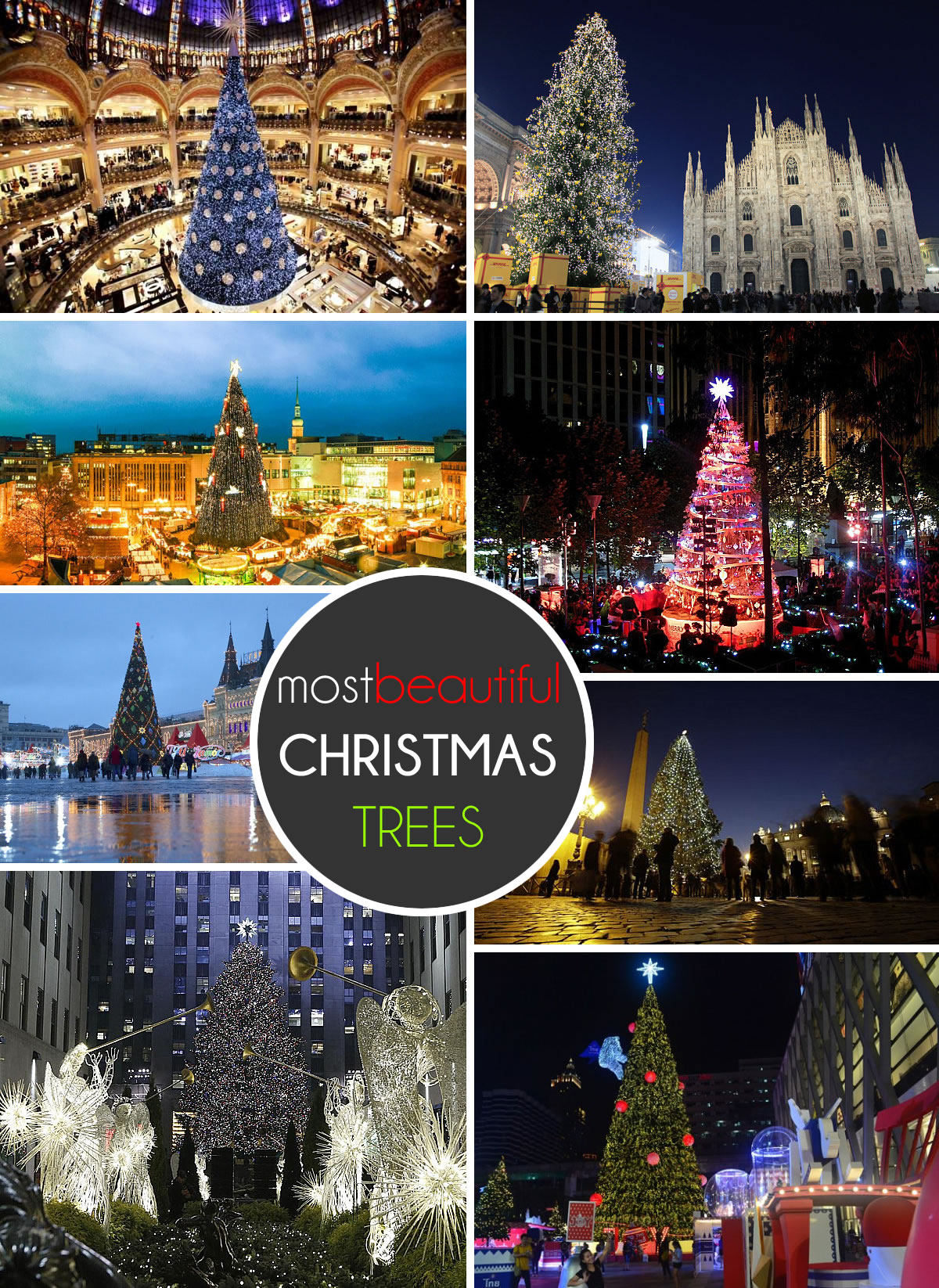 Фотоколлаж рождественских ёлок на городских площадях