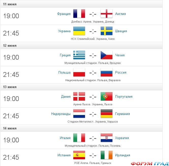 Календарь ЕВРО-2012