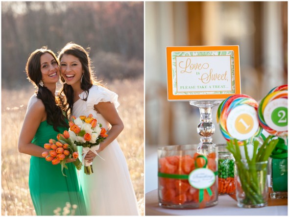Зеленый и оранжевый цвет в свадебном оформлении