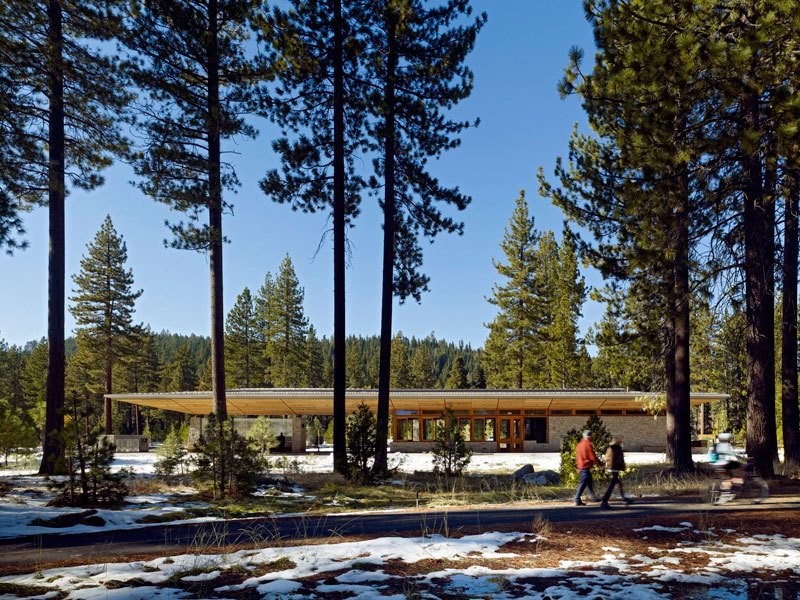 Узловой центр общественного транспорта Tahoe City Transit Centre в сосновом лесу