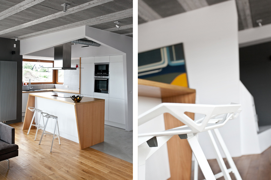 Детали интерьера кухни-студии: высокие барные стулья