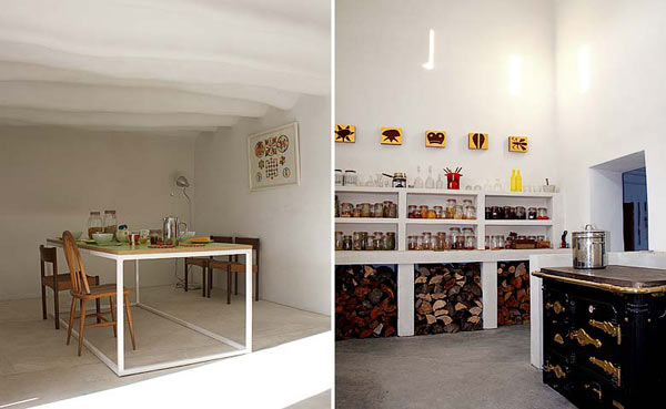 Парное фото дизайна интерьера кухни-столовой: деревянный стол и каменные стеллажи