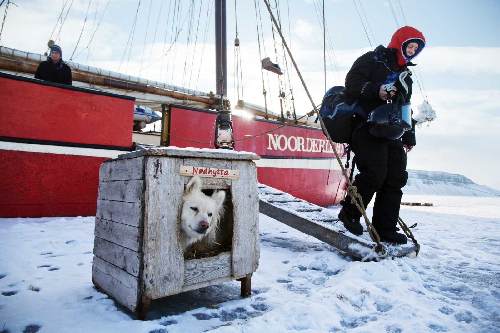 Сторожевая собака в будке около корабля