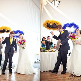 bride-groom-announced-reception-big-colorful-umbrellas