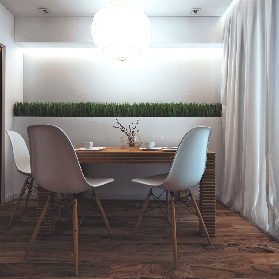 Деревянный столик с белыми стульями в апартаментах в стиле эко-шик в Беларуси