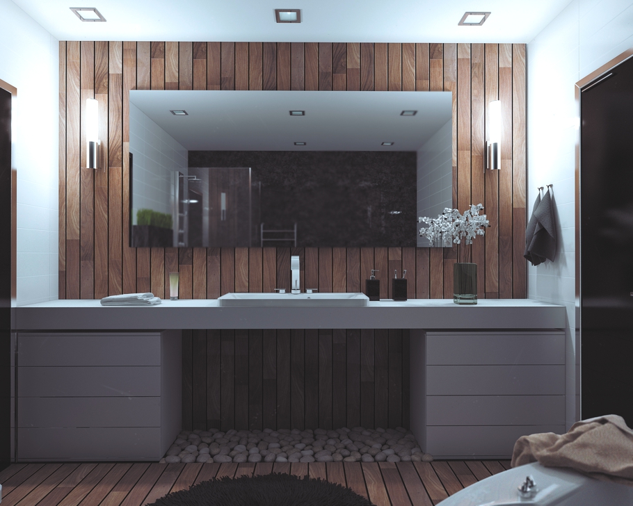 Интерьер ванной с использованием дерева и морских камней в апартаментах в стиле эко-шик в Беларуси