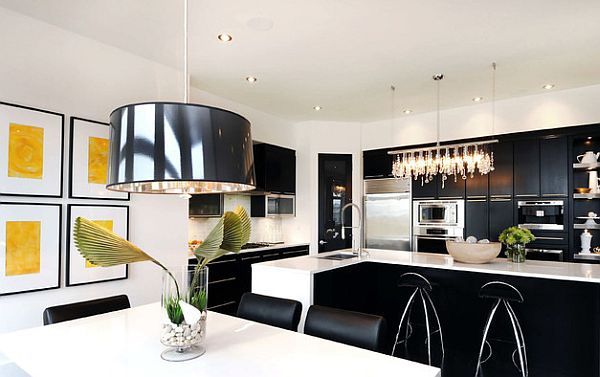 black-and-white-kitchen-with-yellow-wall-art