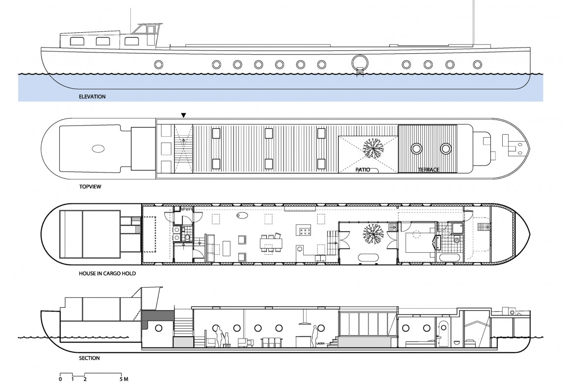 Трансформация плавучей баржи жилище boathouse от архитекторов BBVH Rotterdam, Амстердам, Нидерланды